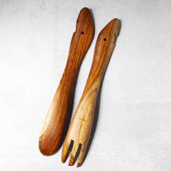 Costa Rica Wood Salad Fork Spoon Wooden Utensils Tongs Parrots 15" long - Picture 3 of 4